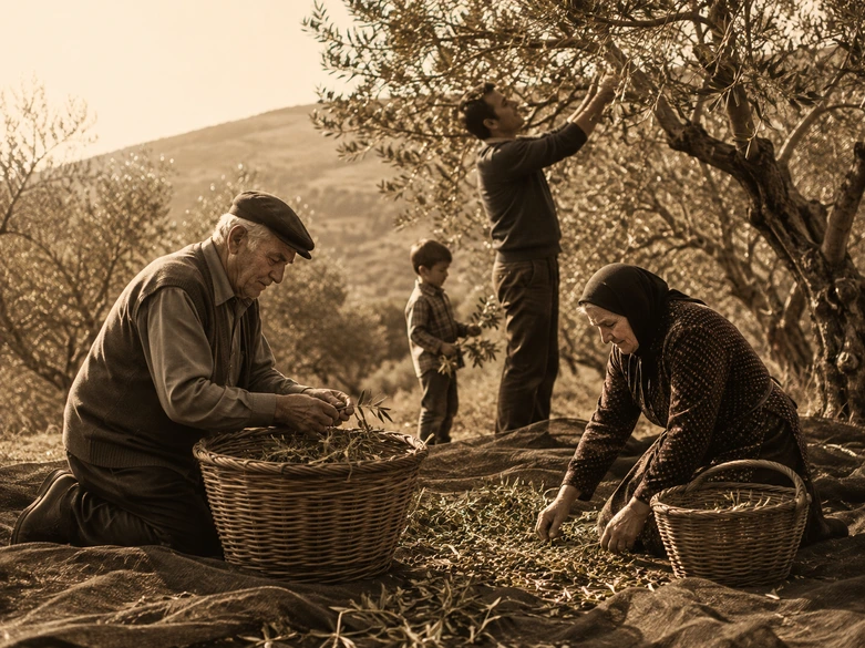 The Alexakis family harvesting olives in the groves before 1997