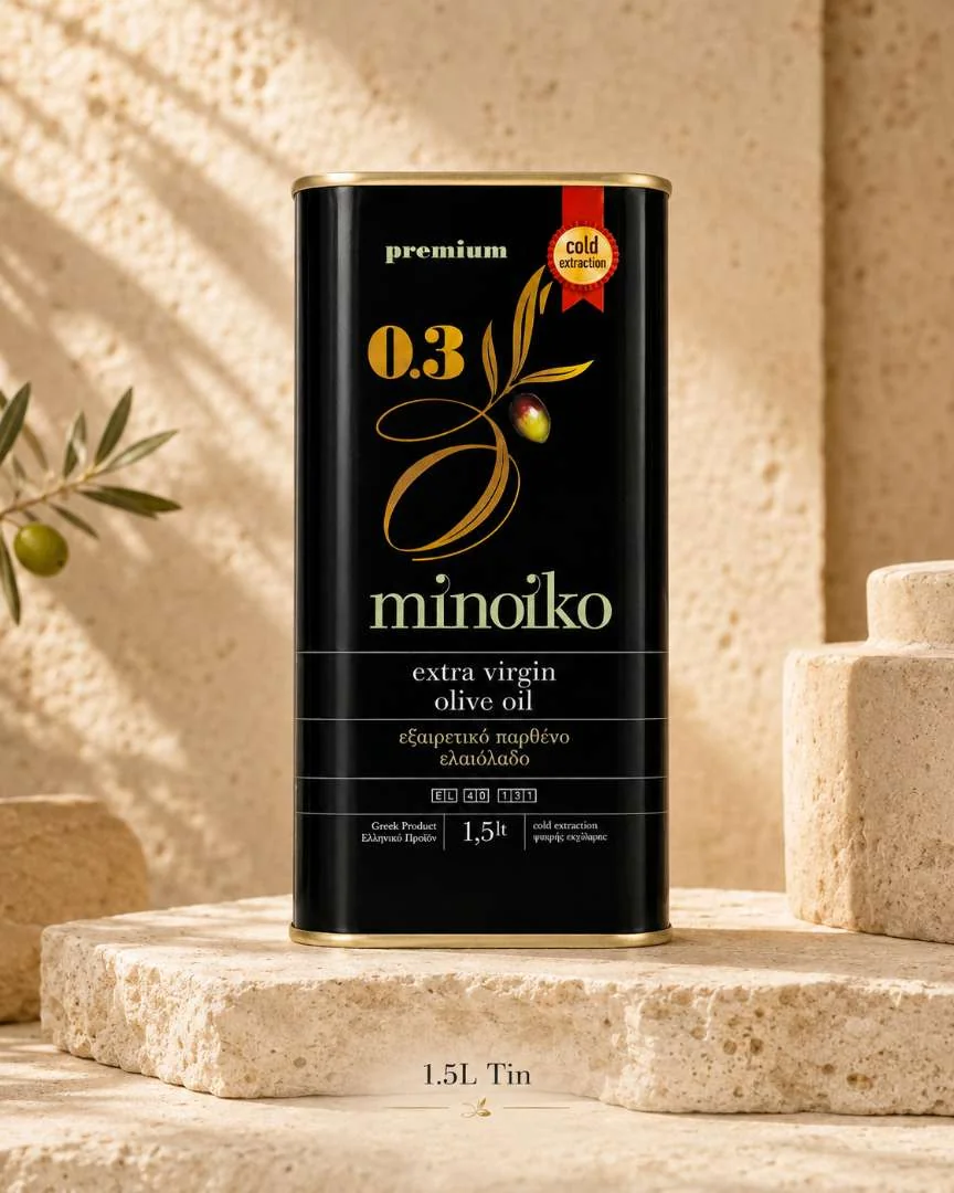 Minoiko Premium 1.5 litre tin, front label