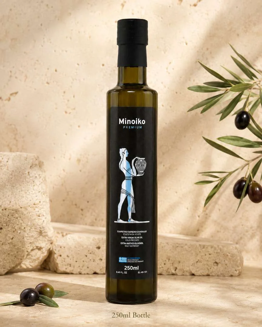 Minoiko Premium 250 ml glass bottle with fresh olives